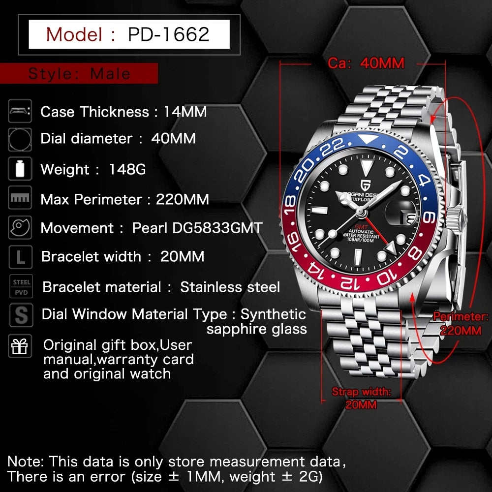 PAGANI DESIGN Mechanical Wristwatches Luxury Ceramic Bezel GMT  Automatic Watches